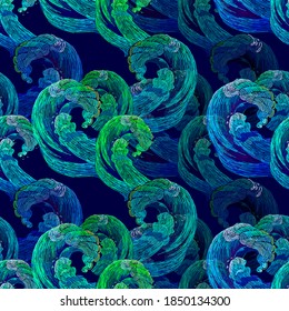 Patrón sin fisuras de la ola marina. Océano tropical. Bordados. Arte subacuático. Plantilla de moda para el diseño de ropa, textiles y camisetas