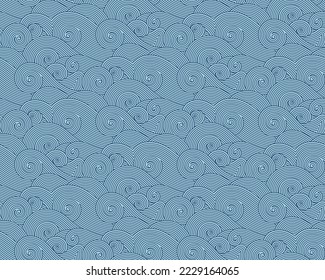 Sea wave seamless pattern. Vector wavy deep teal navy blue wallpaper design. Ocean waves like art illustration.