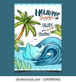 Sea Wave, Seaweed And Palm Trees Banner Vector. Huge Water Wave, Seagulls And Green Leaves Nature Plants On Advertising Summer Holidays Vacation On Beach Poster. Color Template Illustration