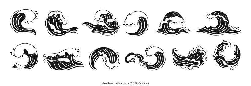 Sea wave set with various water splashes, flowing waves and abstract black and white ocean shapes. Wave icons graphic dynamic liquid motion, modern marine elements and fluid aquatic forms illustration