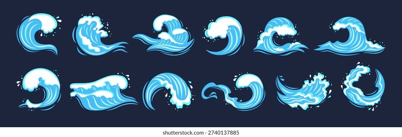 Sea wave set with various water splashes, flowing waves and abstract ocean shapes. Wave icons graphic dynamic liquid motion, modern marine elements and fluid aquatic forms illustration