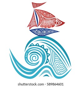 Sea wave and ship. Vector illustration.