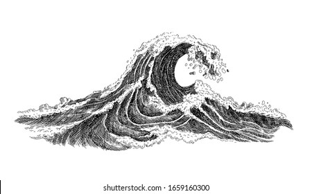 Sea wave sketch. Hand drawn ocean tidal storm waves isolated on white background for surfing and seascape. Vector illustration.