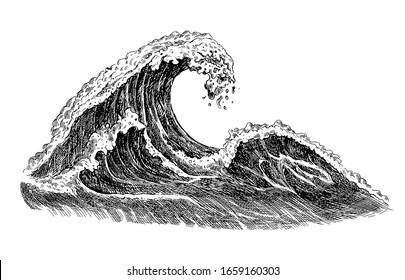 Sea wave sketch. Hand drawn ocean tidal storm waves isolated on white background for surfing and seascape. Vector illustration.