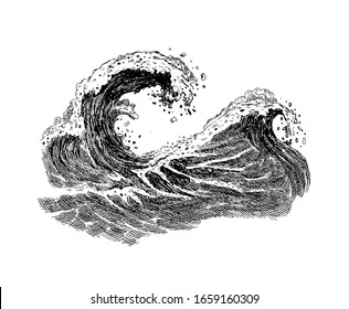 Sea Wave Sketch. Hand Drawn Ocean Tidal Storm Waves Isolated On White Background For Surfing And Seascape. Vector Illustration.