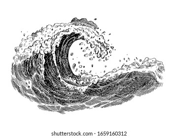 Sea wave sketch. Hand drawn ocean tidal storm waves isolated on white background for surfing and seascape. Vector illustration.