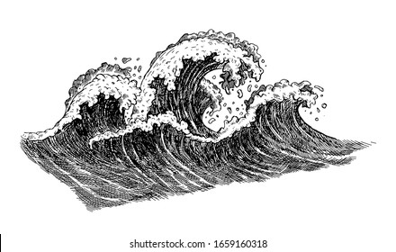 Sea Wave Sketch. Hand Drawn Ocean Tidal Storm Waves Isolated On White Background For Surfing And Seascape. Vector Illustration.