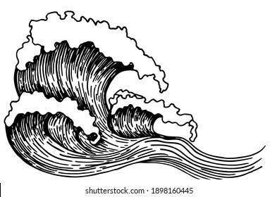 Sea Wave Sketch. Hand Drawn Sketch With Transparent Background.  Vintage Hand Drawn Ocean Tidal Storm Waves Isolated On White Background For Surfing And Seascape. Vector Illustration.