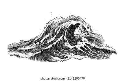 Sea wave sketch  Hand drawn ocean tidal storm waves isolated white background for surfing   seascape  Vector illustration 