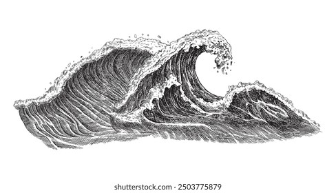 Sea wave sketch. Hand drawn ocean tidal storm waves isolated on white background for surfing and seascape. Vector illustration.