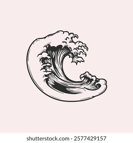 Sea wave in sketch retro hand drawn style. Best for nautical marine and tattoo designs. Vector illustration.