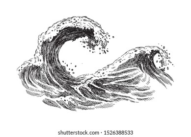 Sea Wave Sketch. Vintage Hand Drawn Ocean Tidal Storm Waves Isolated On White Background For Surfing And Seascape. Vector Illustration.