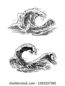 Sea wave sketch. Vintage hand drawn ocean tidal storm waves isolated on white background for surfing and seascape. Vector illustration.