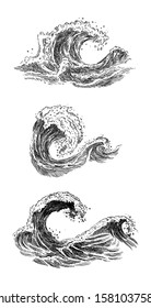 Sea Wave Sketch. Vintage Hand Drawn Ocean Tidal Storm Waves Isolated On White Background For Surfing And Seascape. Vector Illustration.