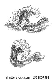 Sea wave sketch. Vintage hand drawn ocean tidal storm waves isolated on white background for surfing and seascape. Vector illustration.
