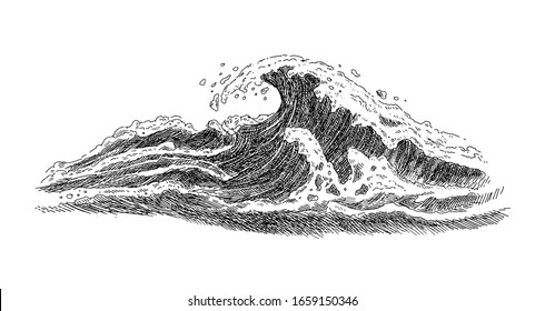 Sea wave sketch. Vintage hand drawn ocean tidal storm waves isolated on white background for surfing and seascape. Vector illustration.