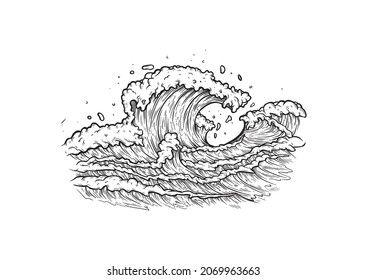 Sea wave sketch. Vintage hand-drawn ocean tidal storm waves on white for surfing and seascape. Engraved vintage artwork. Travel, vacation concept. Baltic Sea. Vector illustration.