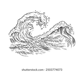 Sea wave sketch. Vintage hand-drawn ocean tidal storm waves on white for surfing and seascape. Engraved vintage artwork. Travel, vacation concept. Baltic Sea. Vector illustration.