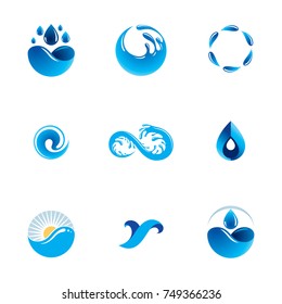 Sea wave splash vector logo. Pure water as the driving force for human activity theme. Environment protection concept.