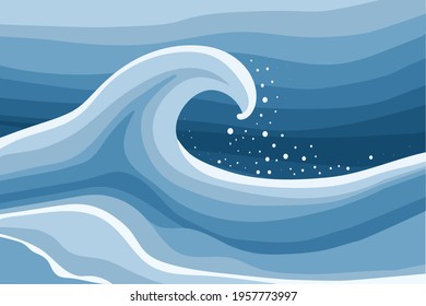 Sea wave. Splashes and drops of water. Ocean abstract stylish background with tropical coastline. Blue water and sky of different shades. Concept of travel, leisure and tourism. Vector poster wall art