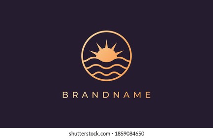 Sea wave and sun in a circle with a gold line art style suitable for logo and icon