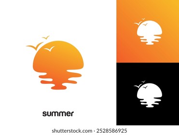 sea wave with sun circle logo icon design template