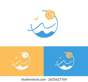 Sea Wave and Sun in a circle logo. Ocean emblem for travel and tourism, hotel business