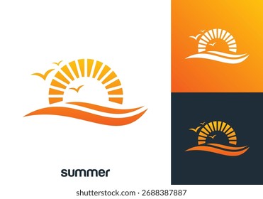 sea wave with sun circle logo icon design concept	
