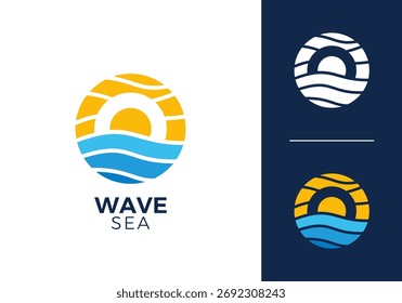 Onda de mar con el concepto de diseño del icono del logotipo del círculo del sol	
