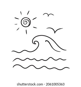 Sea with wave and sun. Flying seagulls. Drawing of a child. Doodle sketch isolated on white background. Hand drawn illustration