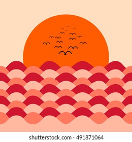 Sea wave and Sun set with flying birds.