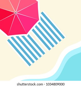 Sea wave, sun umbrella and towels. Vector illustration