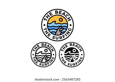 sea wave with surf board and sunset circle badge vector illustration template graphic design collection with colorful, filled and line art style for adventure and outdoors merchandise and other uses.