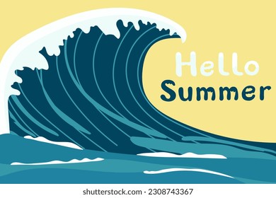 sea wave with text hello summer concept design vector illustration minimalistic marine cartoon 