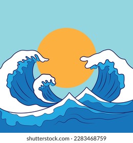 Ilustración vectorial de la onda marina, onda de tormenta, onda de marea vintage