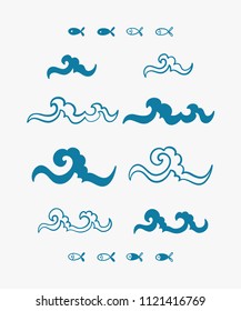 Sea Wave Vector Set. Hand drawn Doodle Waves and Small Fishes