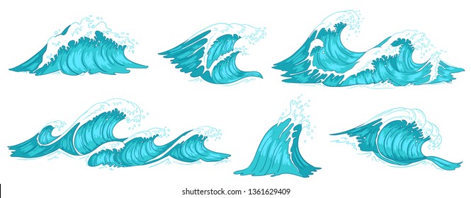 Sea Wave. Vintage Ocean Waves, Blue Water Tide And Tidal Wave Hand Drawn. Ocean Tsunami, Flowing Sea Surf Storm Splash Or Nautical Storm Motion. Vector Illustration Isolated Sign Set