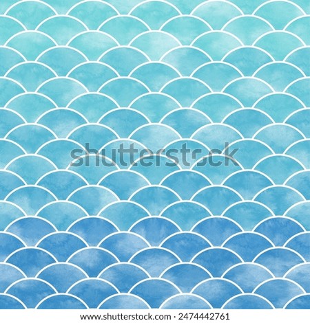 Sea wave watercolor pattern vector. Ocean, river, water, underwater. Light to dark blue gradient color layer. Graphic design for fabric, scarf, dress, skirt, cloth, print, cover, card, wrapping paper.