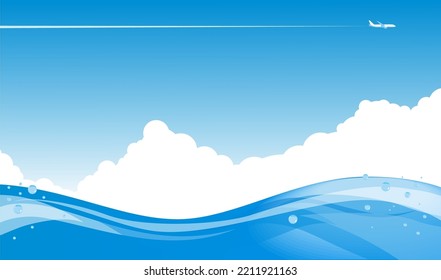 Sea wave with white clouds in blue sky above it. Summer marine landscape. Vector