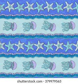 Sea waved seamless pattern with jellyfish and starfish