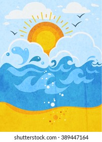 Sea waves abstract background with sun in clouds seagulls and sandy beach flat vector illustration