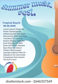 sea waves and accoustic guitar for summer music festival poster. accoustic music festival concert flyer template vector illustration