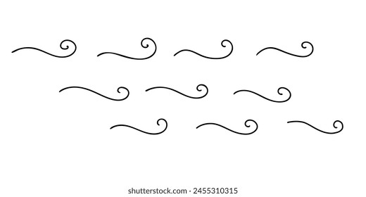 Sea waves or air flow icons. Hand drawn curled simple lines. Sea storm scribble. Vector illustration in doodle style isolated on white background.