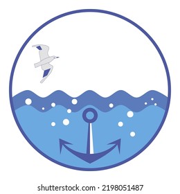 Sea waves and anchor on seabed. Anchor symbol as stylish design accent. Air bubbles rise through ocean water. Flying seagull over blue waves. Blue and white icon for navigation theme, nautical prints.