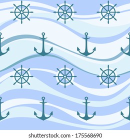 Sea waves. Anchors and steering wheel