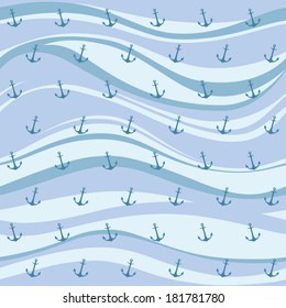 Sea waves and anchors. Vector background
