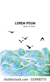 Sea waves background with birds. Vector
