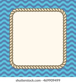 Sea waves background with a rope frame. Vintage banner isolated on wave pattern. Vector illustration