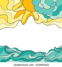 Sea waves background with sun and clouds. Vector illustration of sea landscape.  Place for text. Vector illustration