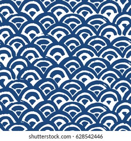 Sea waves batik indigo seamless pattern. Shibori Japanese design of fabric